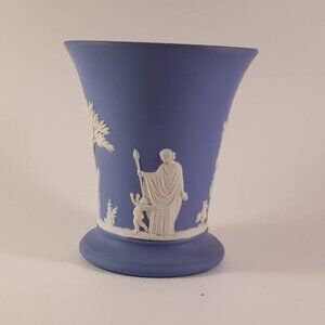 Wedgwood Blue Jasperware cherub design trumpet Vase